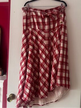 Free People Red and White Asymmetrical Plaid Skirt with Waist Tie and drop waist